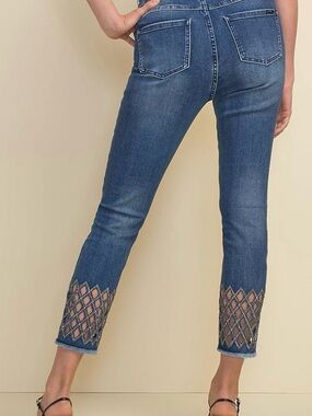 Joseph Ribkoff Crop  Jewelled Lattice Denim Jeans